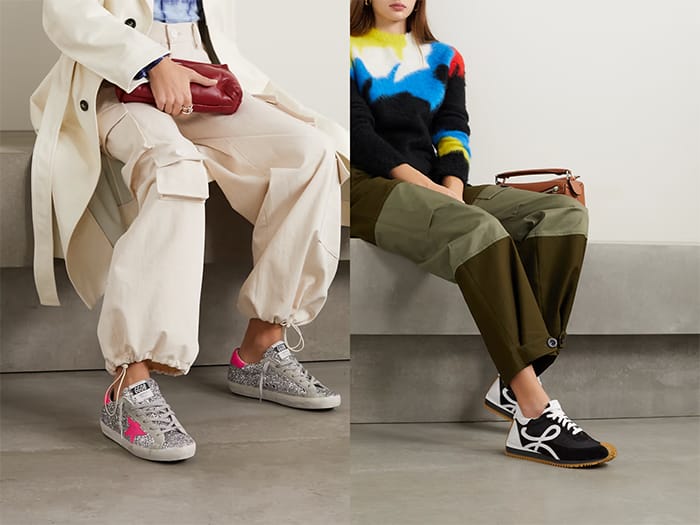 женские брюки с накладными карманами и кроссовки ретро