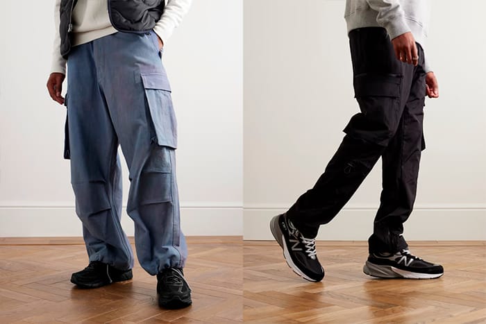 брюки с накладными карманами и черные кроссовки для мужчин